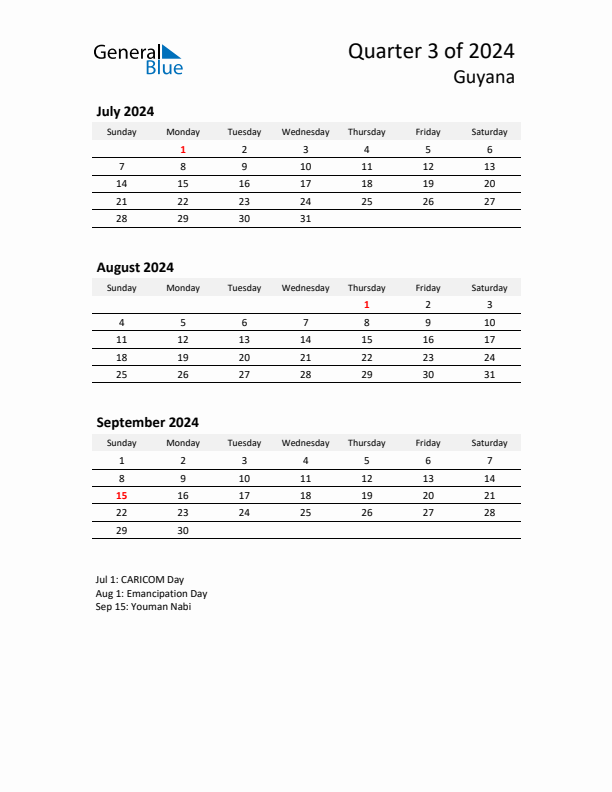 2024 Q3 Three-Month Calendar for Guyana