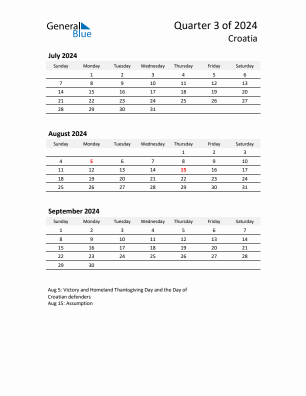 2024 Q3 Three-Month Calendar for Croatia