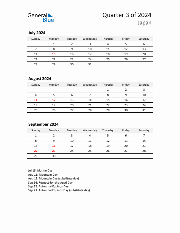 2024 Q3 Three-Month Calendar for Japan