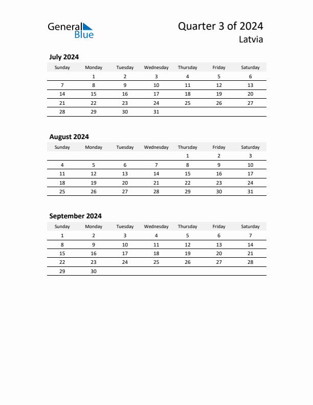 2024 Q3 Three-Month Calendar for Latvia