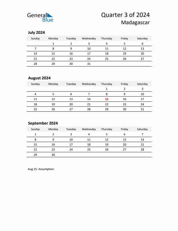 2024 Q3 Three-Month Calendar for Madagascar