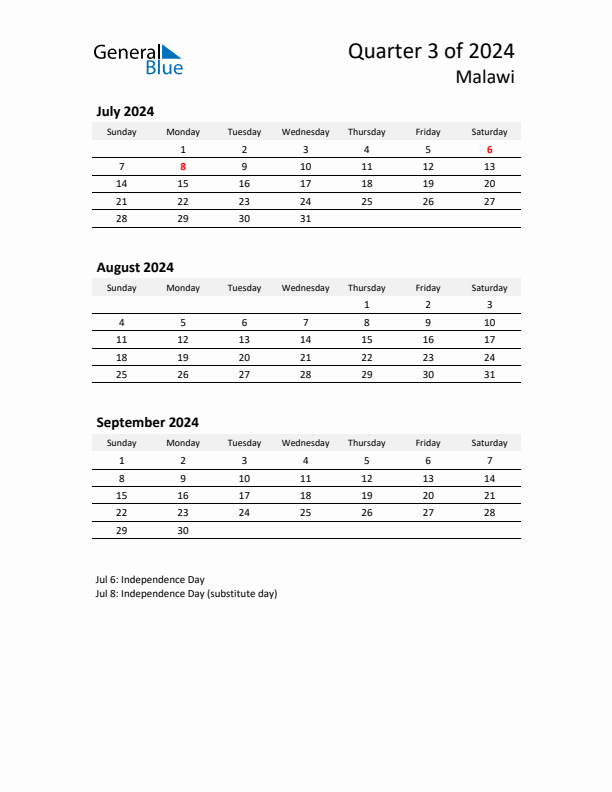 2024 Q3 Three-Month Calendar for Malawi