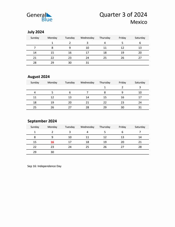 2024 Q3 Three-Month Calendar for Mexico