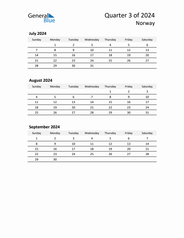 2024 Q3 Three-Month Calendar for Norway