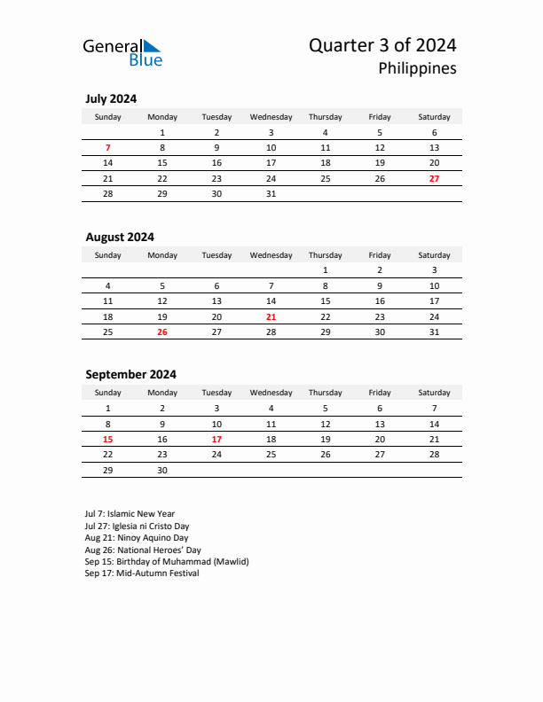 2024 Q3 Three-Month Calendar for Philippines