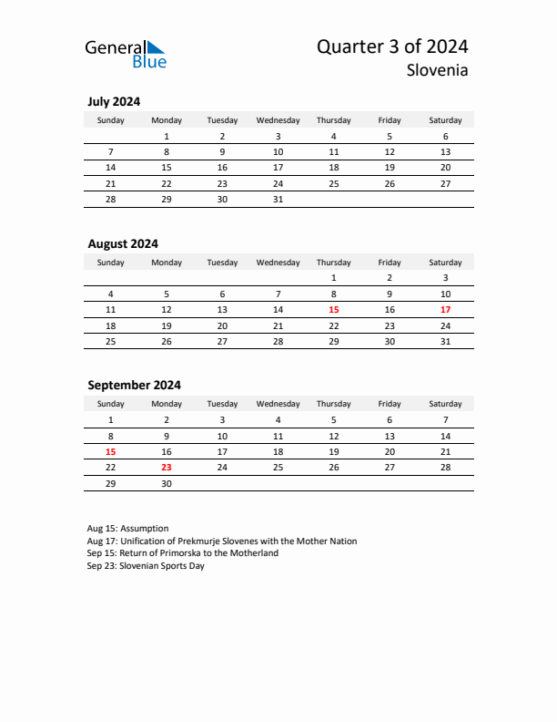 2024 Q3 Three-Month Calendar for Slovenia