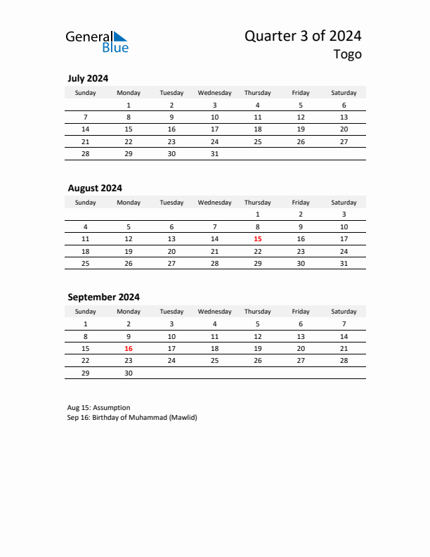 2024 Q3 Three-Month Calendar for Togo