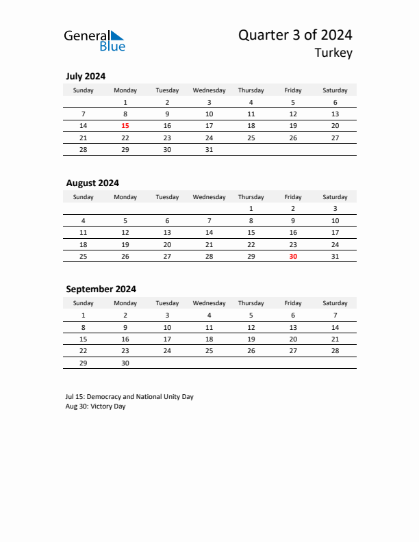 2024 Q3 Three-Month Calendar for Turkey