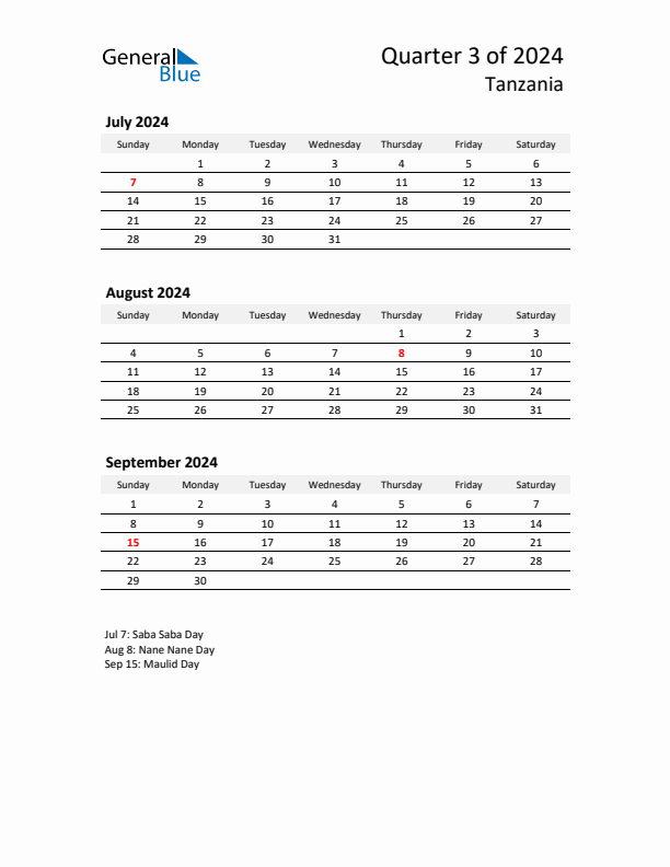 2024 Q3 Three-Month Calendar for Tanzania