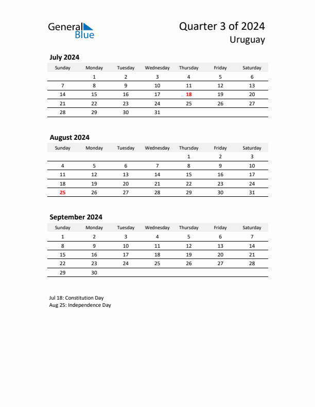 2024 Q3 Three-Month Calendar for Uruguay