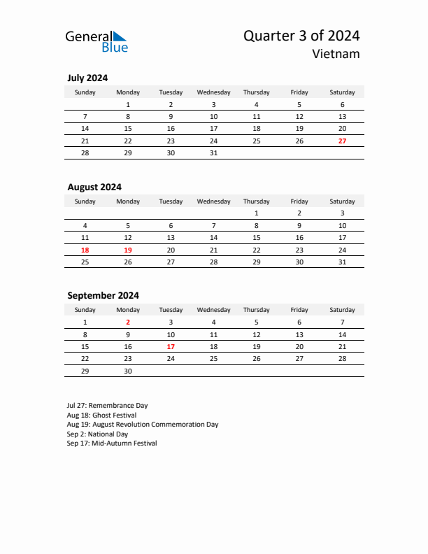 2024 Q3 Three-Month Calendar for Vietnam