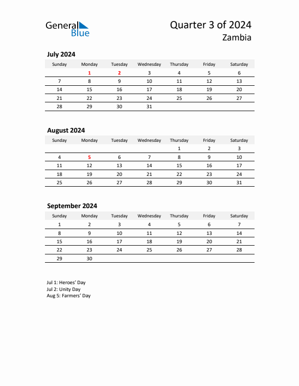 2024 Q3 Three-Month Calendar for Zambia