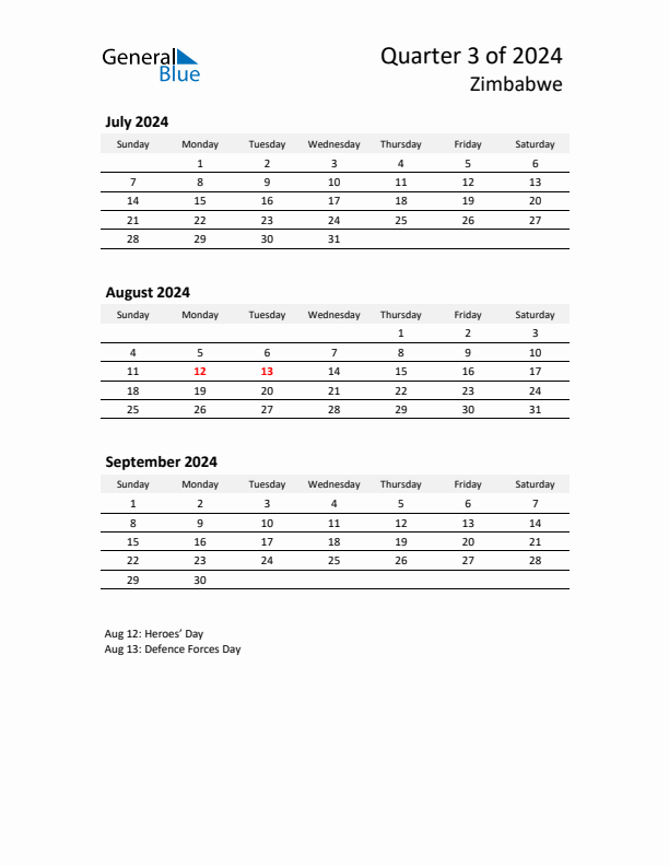 2024 Q3 Three-Month Calendar for Zimbabwe