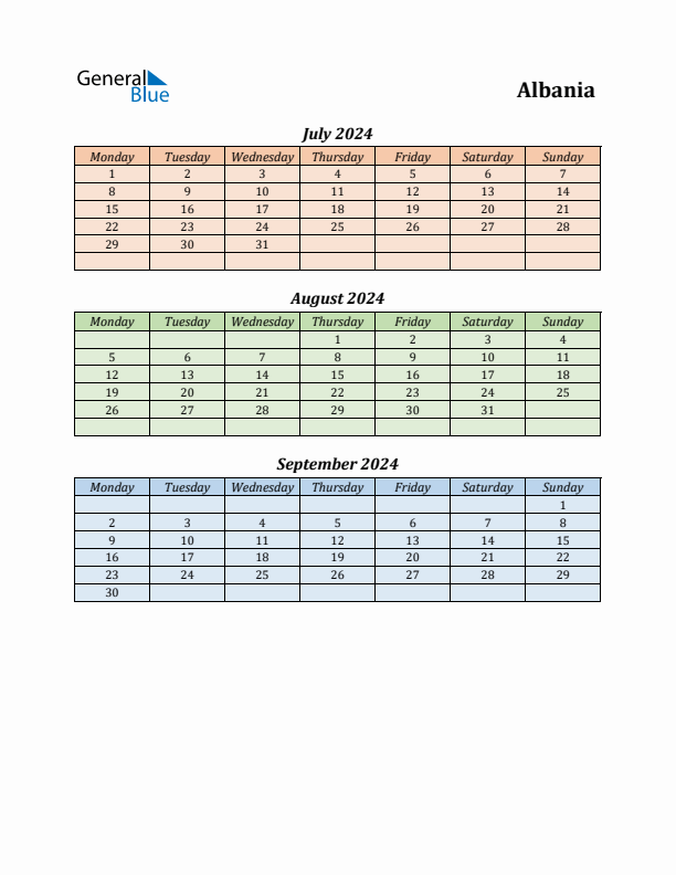 Q3 2024 Holiday Calendar - Albania