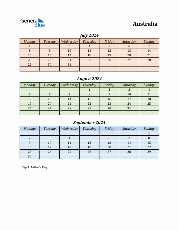 Q3 2024 Holiday Calendar - Australia