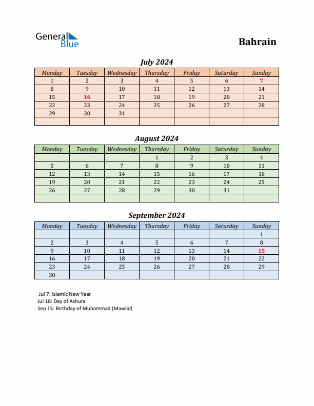 Q3 2024 Holiday Calendar - Bahrain