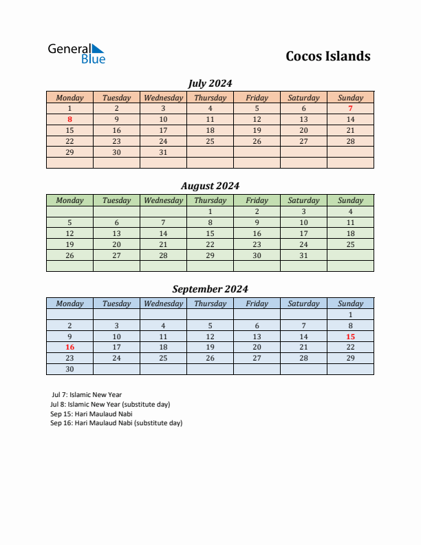 Q3 2024 Holiday Calendar - Cocos Islands