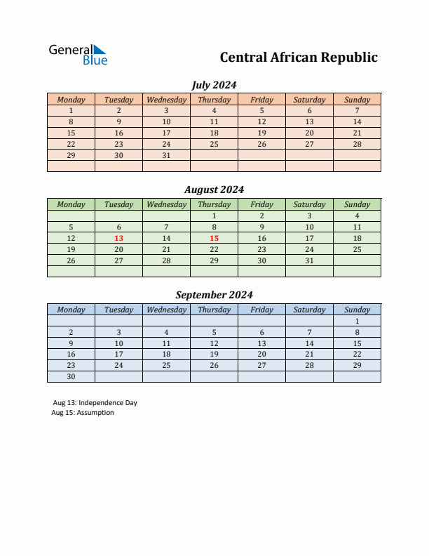 Q3 2024 Holiday Calendar - Central African Republic