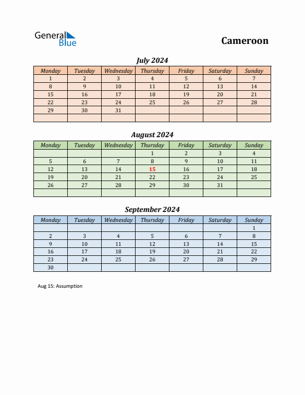 Q3 2024 Holiday Calendar - Cameroon