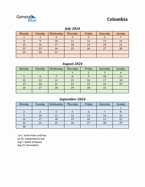 Q3 2024 Holiday Calendar - Colombia