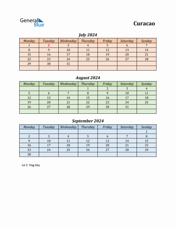 Q3 2024 Holiday Calendar - Curacao