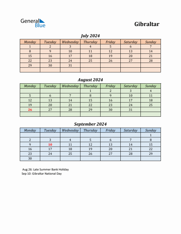 Q3 2024 Holiday Calendar - Gibraltar