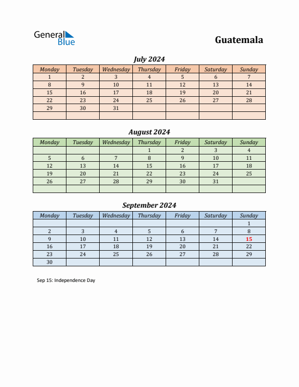 Q3 2024 Holiday Calendar - Guatemala