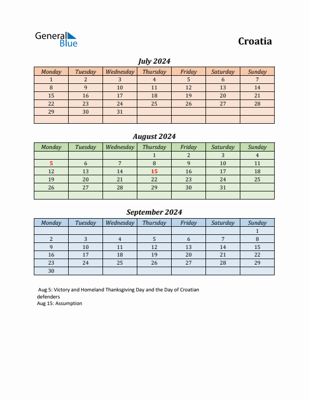 Q3 2024 Holiday Calendar - Croatia