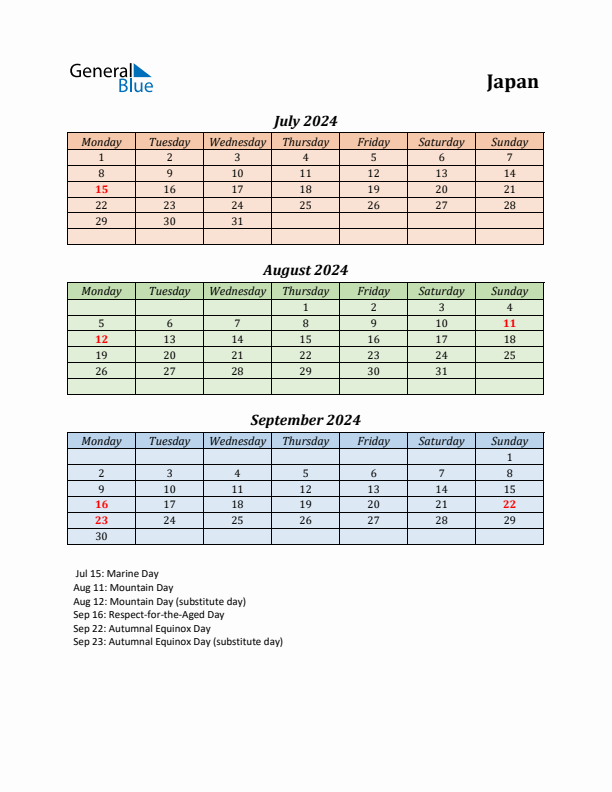 Q3 2024 Holiday Calendar - Japan