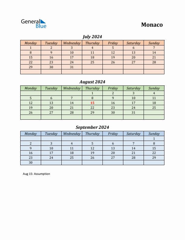 Q3 2024 Holiday Calendar - Monaco