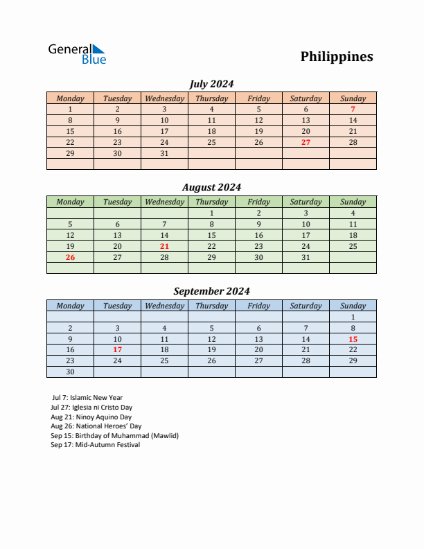 Q3 2024 Holiday Calendar - Philippines