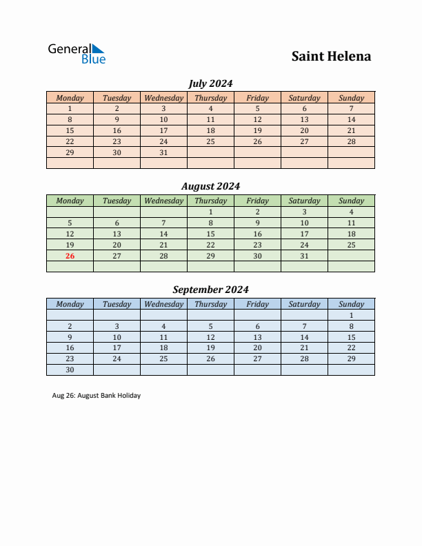 Q3 2024 Holiday Calendar - Saint Helena