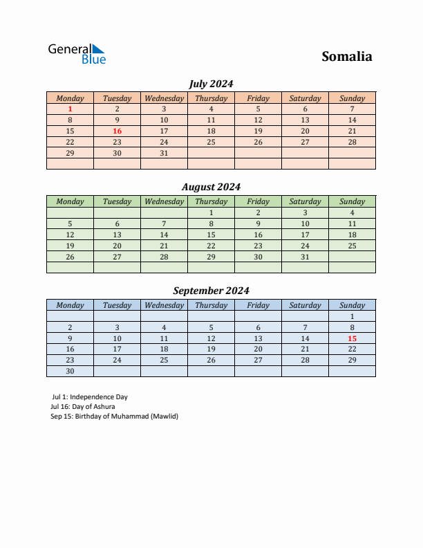 Q3 2024 Holiday Calendar - Somalia