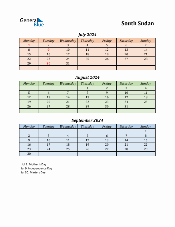 Q3 2024 Holiday Calendar - South Sudan