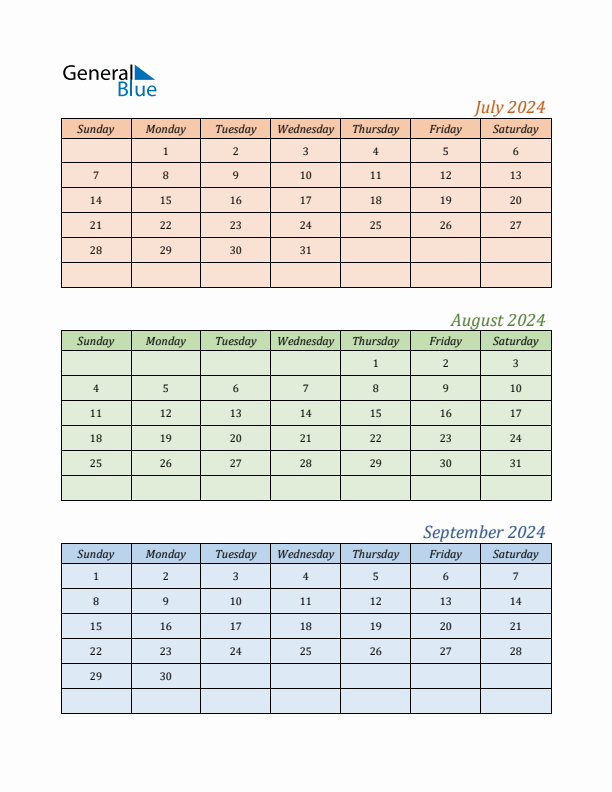 Three-Month Calendar for Year 2024 (July, August, and September)