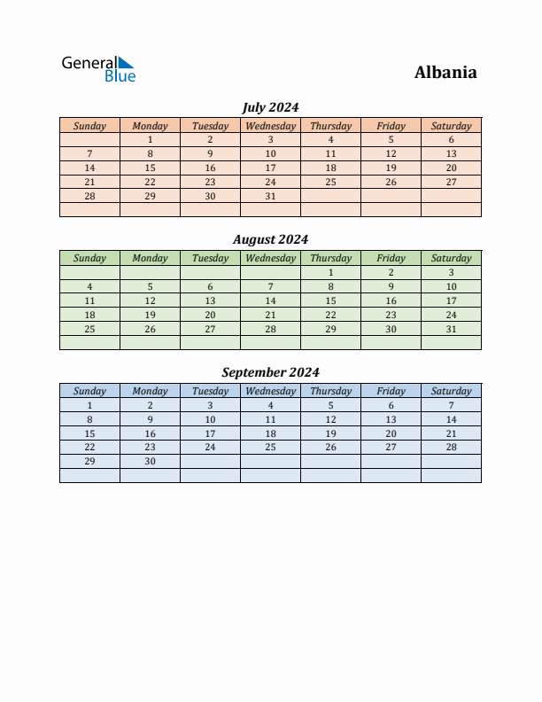 Q3 2024 Holiday Calendar - Albania