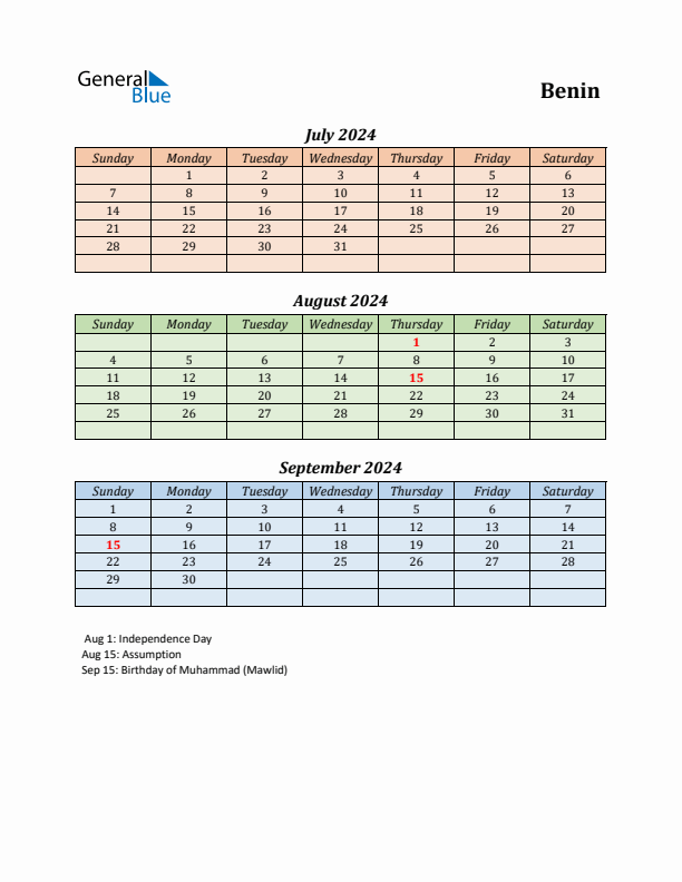 Q3 2024 Holiday Calendar - Benin