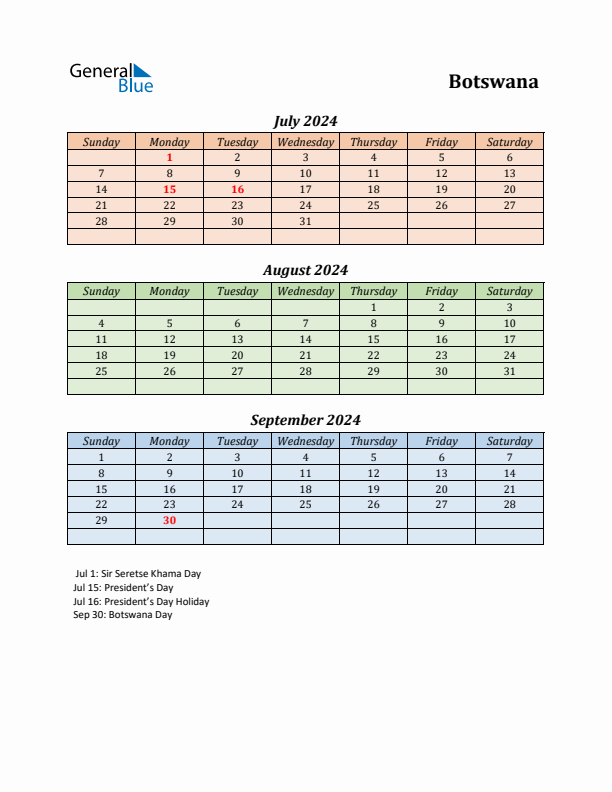 Q3 2024 Holiday Calendar - Botswana