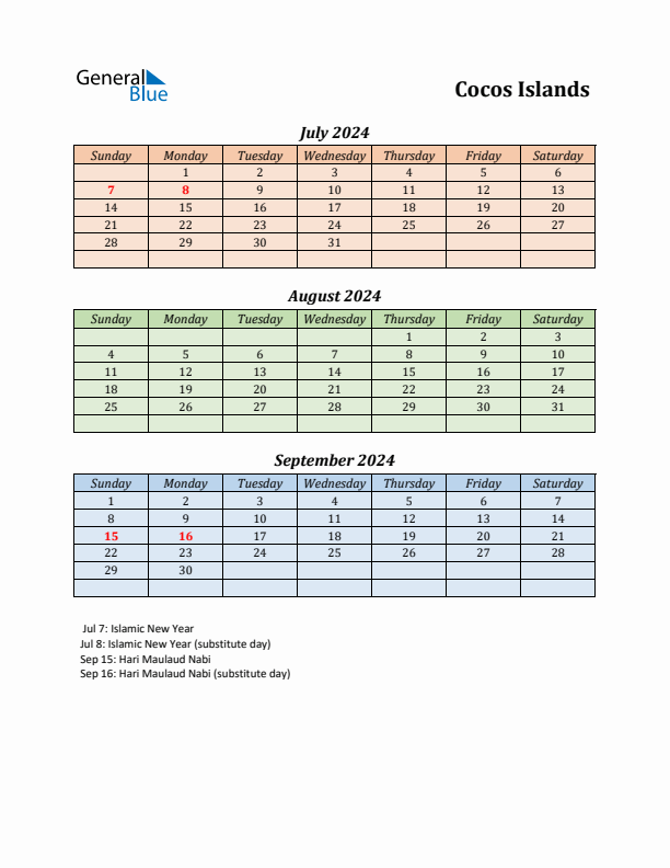 Q3 2024 Holiday Calendar - Cocos Islands