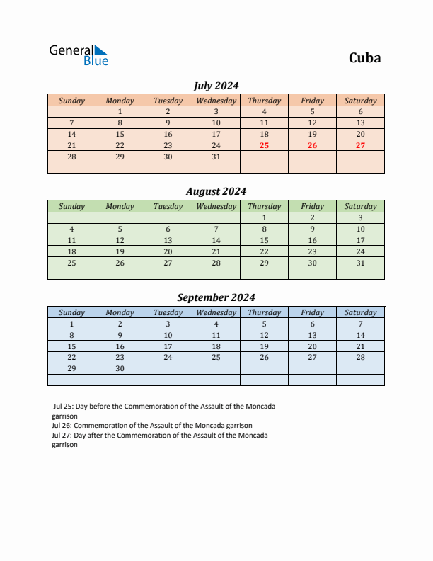 Q3 2024 Holiday Calendar - Cuba