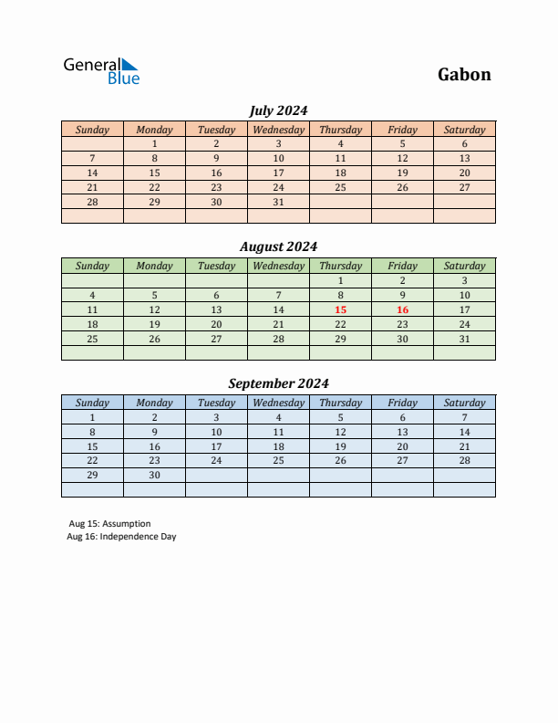 Q3 2024 Holiday Calendar - Gabon