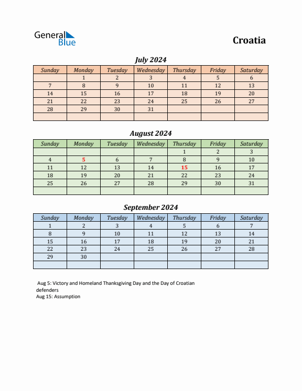 Q3 2024 Holiday Calendar - Croatia