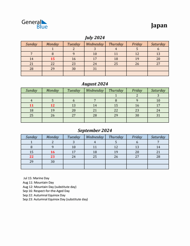 Q3 2024 Holiday Calendar - Japan