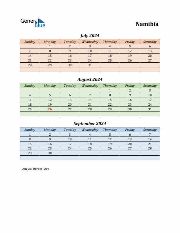 Q3 2024 Holiday Calendar - Namibia