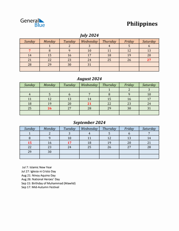 Q3 2024 Holiday Calendar - Philippines