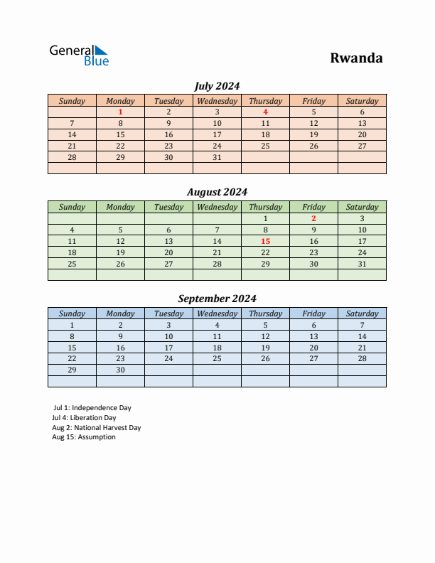 Q3 2024 Holiday Calendar - Rwanda