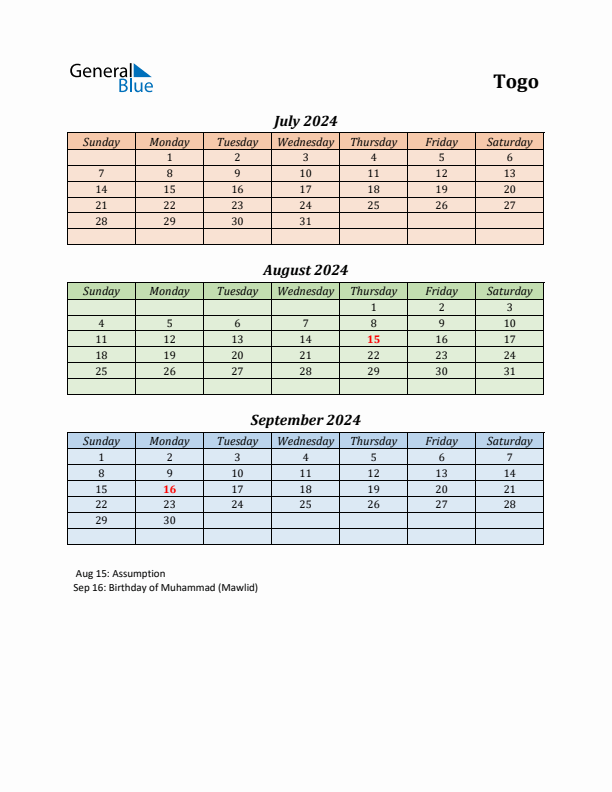 Q3 2024 Holiday Calendar - Togo