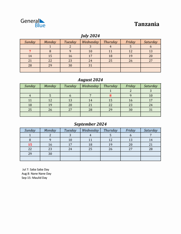 Q3 2024 Holiday Calendar - Tanzania