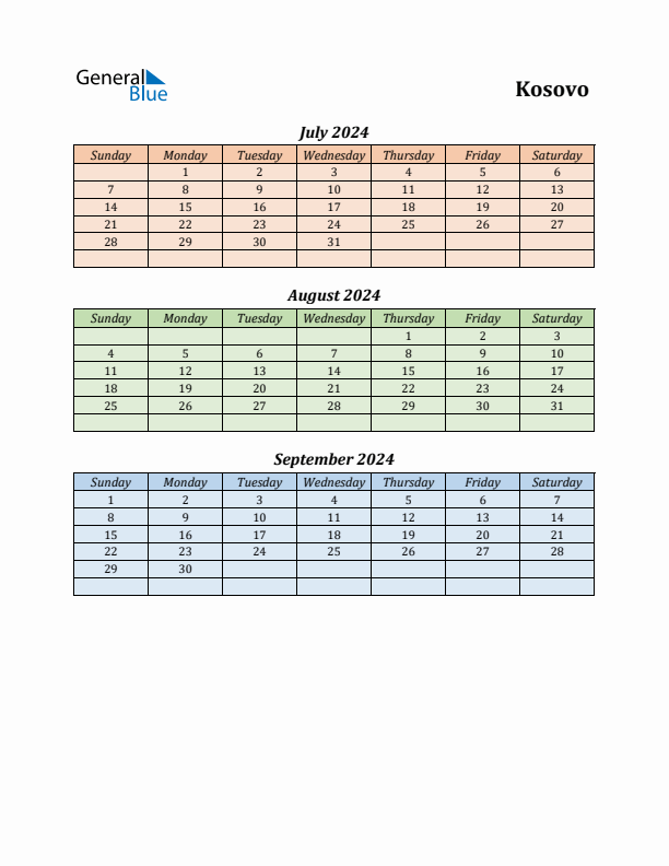 Q3 2024 Holiday Calendar - Kosovo