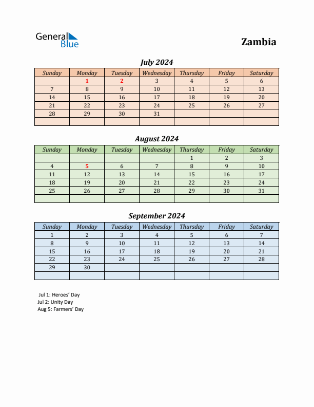 Q3 2024 Holiday Calendar - Zambia